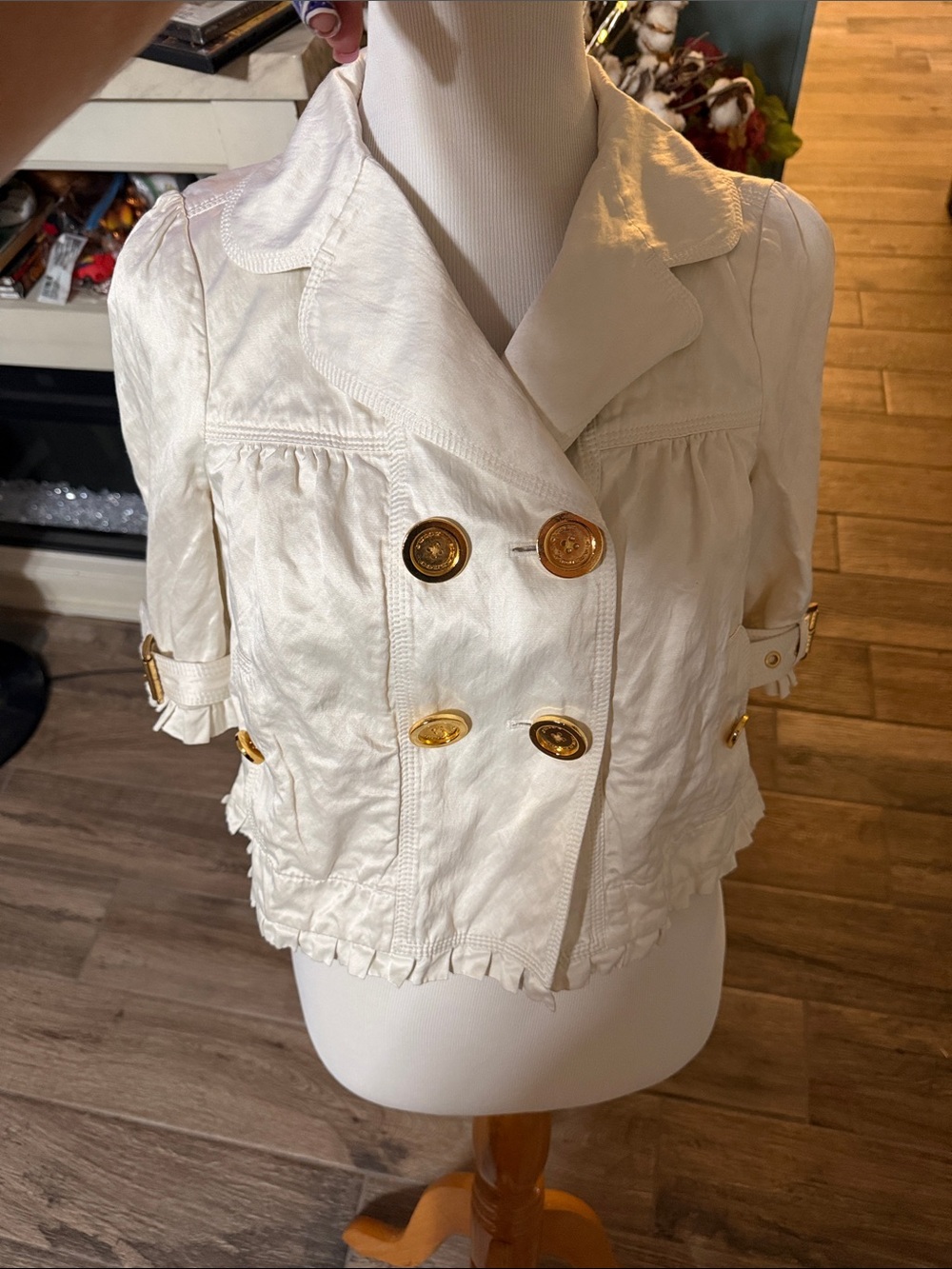 Juicy Couture Off-White Double-Breasted Ruffled Short Jacket w/Gold Buttons